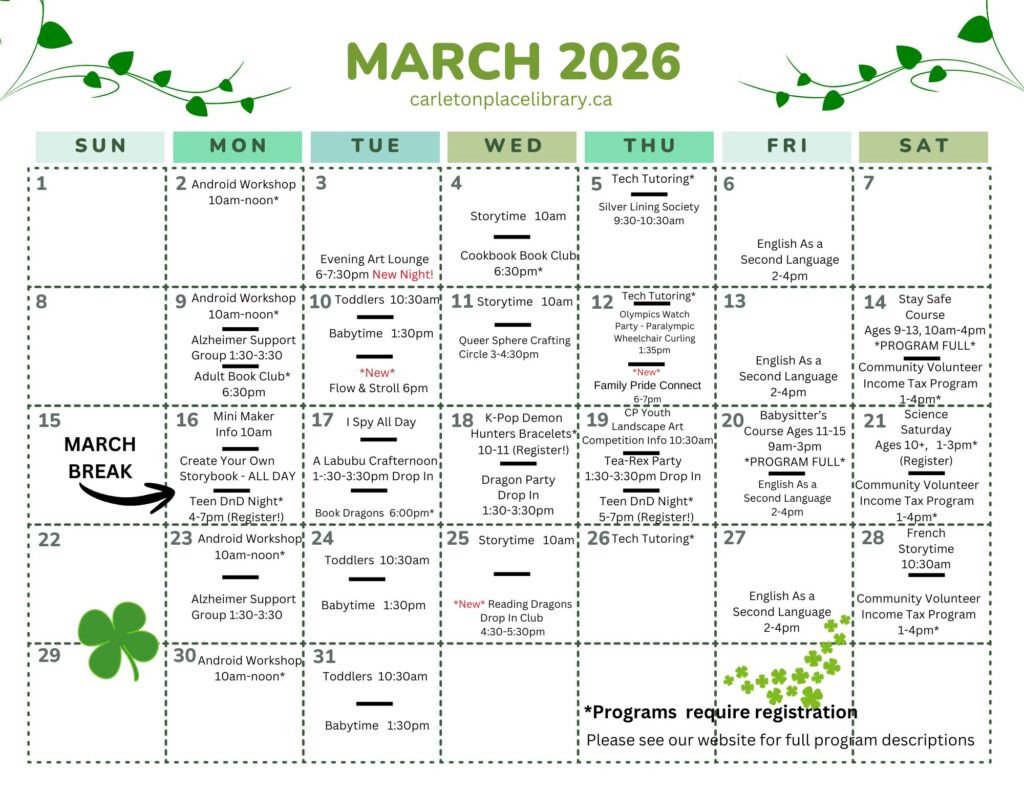 2026 march Newsletter Page 2 March 2026 calendar