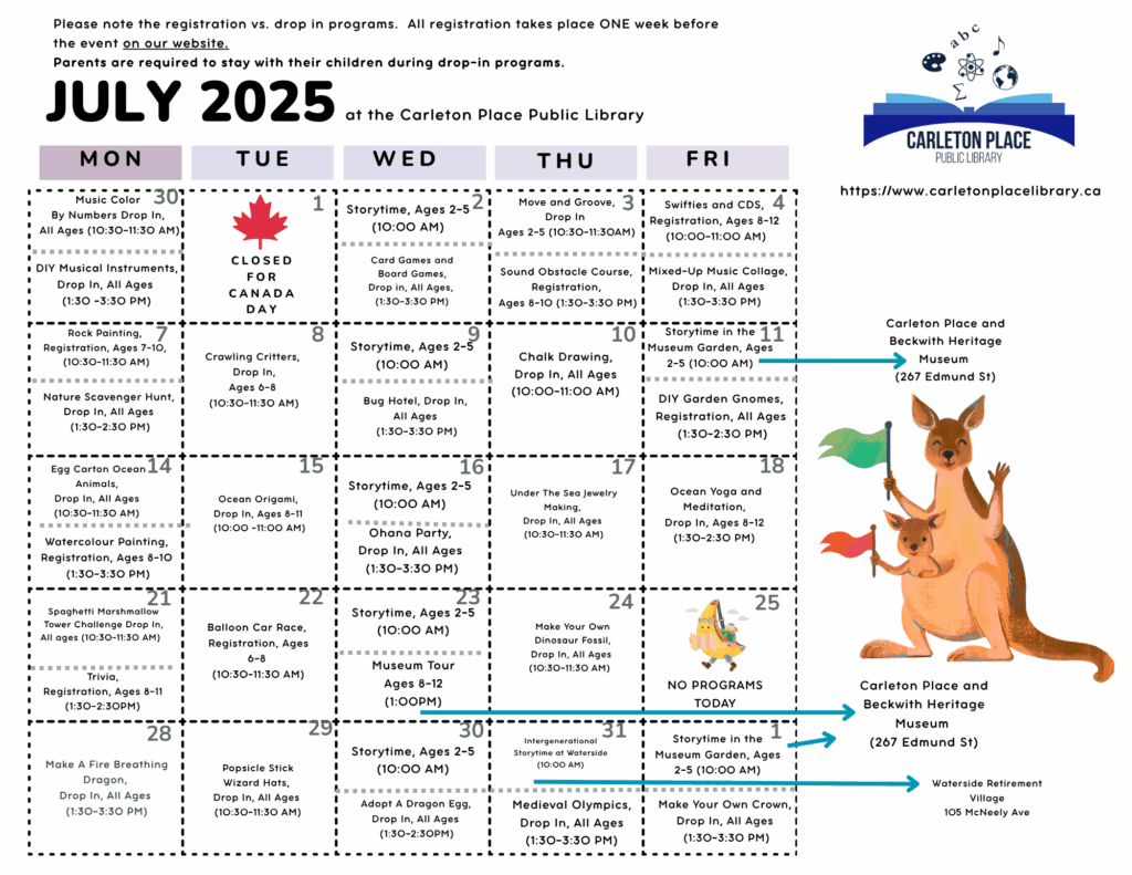 July summer program calendar for kids